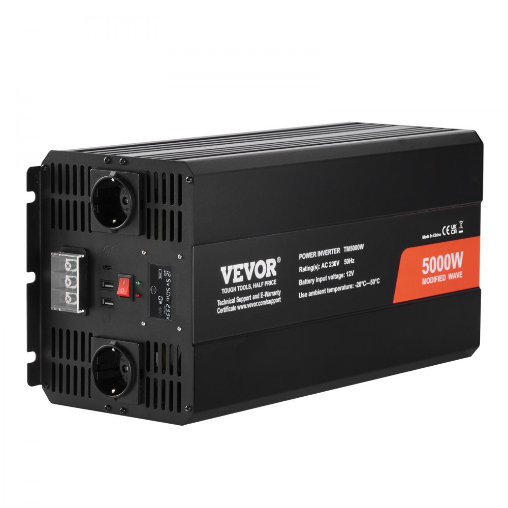 VEVOR Modifisert sinusbølgeinverter, 5000W, DC 12V til AC 230V strøminverter med 2 AC-uttak 2 USB-porter 1 Type-C-port, LCD-skjerm og fjernkontroll for husholdningsapparater med høy belastning, CE FCC-sertifisert