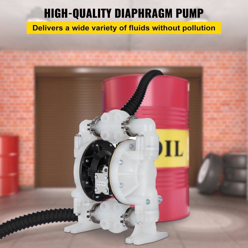 VEVOR luftdrevet dobbeltmembranpumpe 25,4 mm (1 tomme) innløp/utløp 113 l/min (30 GPM) polypropylen maks. 7 bar (100 PSI) for kjemisk og industriell bruk
