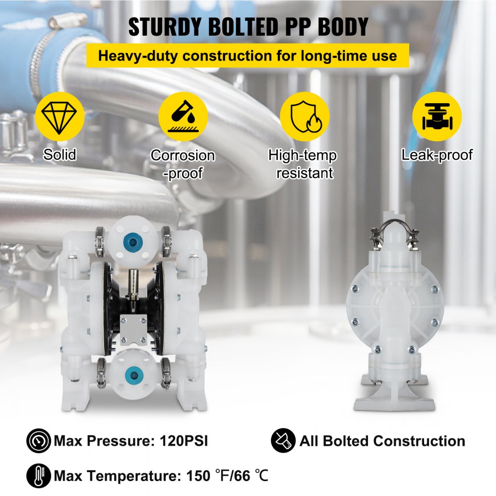 VEVOR luftdrevet dobbeltmembranpumpe 25,4 mm (1 tomme) innløp/utløp 113 l/min (30 GPM) polypropylen maks. 7 bar (100 PSI) for kjemisk og industriell bruk
