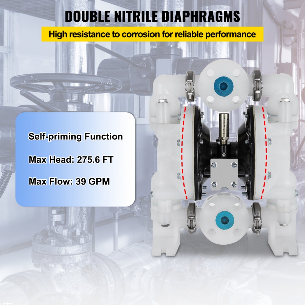 VEVOR luftdrevet dobbeltmembranpumpe 25,4 mm (1 tomme) innløp/utløp 113 l/min (30 GPM) polypropylen maks. 7 bar (100 PSI) for kjemisk og industriell bruk