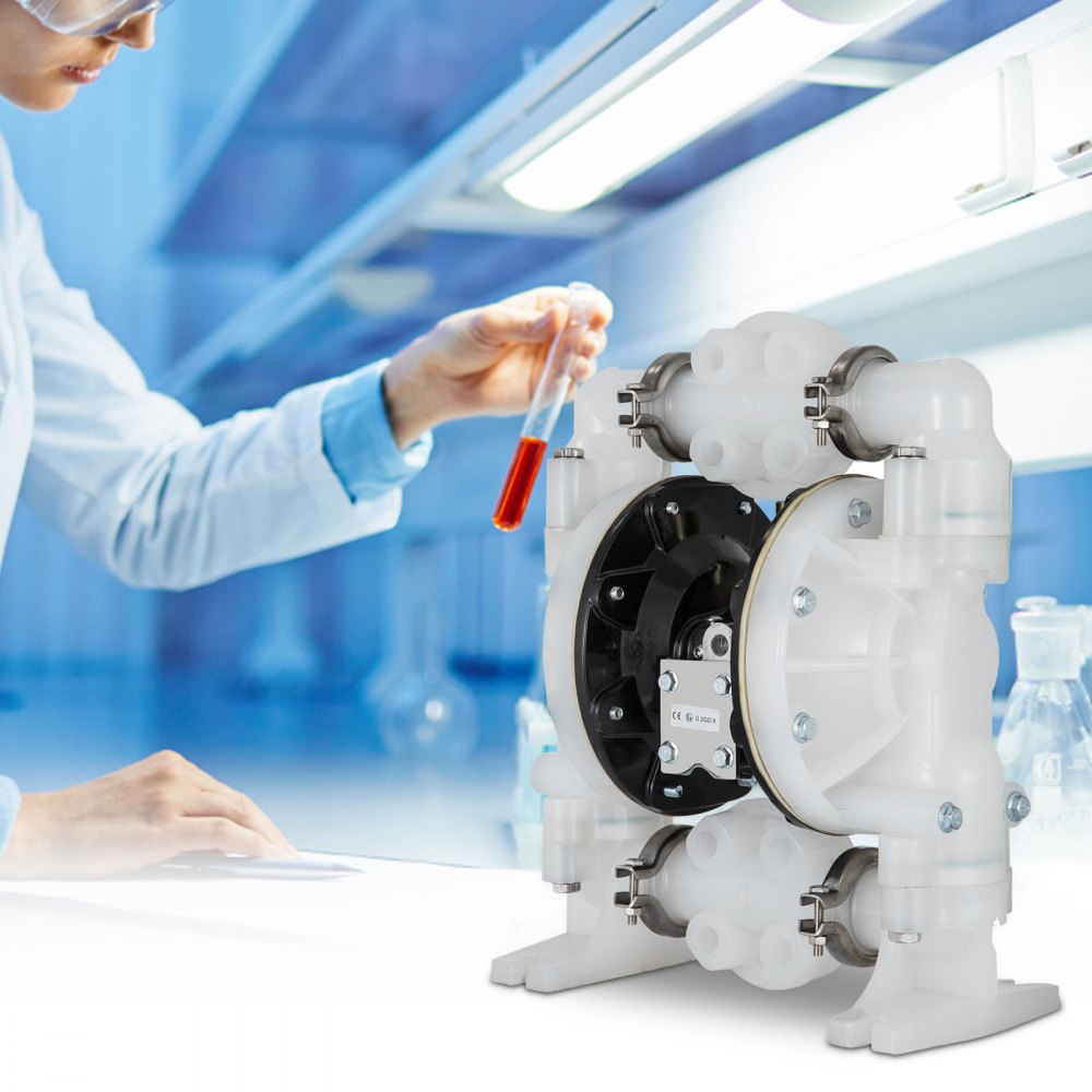 VEVOR luftdrevet dobbeltmembranpumpe 25,4 mm (1 tomme) innløp/utløp 113 l/min (30 GPM) polypropylen maks. 7 bar (100 PSI) for kjemisk og industriell bruk