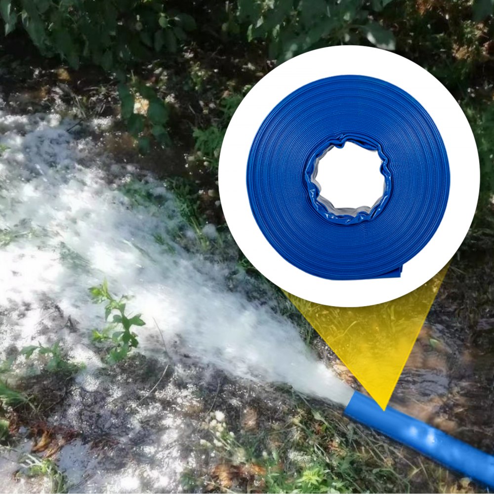 VEVOR utløpsslange, 51 mm x 32 m, PVC-stoff flatslange, kraftig tilbakespylingsslange med klemmer, værbestandig og sprengsikker, ideell for svømmebasseng og vannoverføring, blå