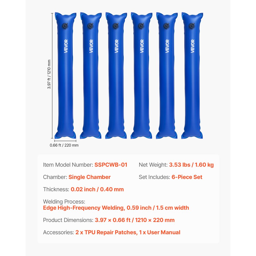VEVOR Pool Cover Water Bags, 6 Packs 1220 mm, Single Chamber Pool Cover Water Tubes, 0.4mm Thick PVC Bags Weights with Leakproof Screw Cap, for Inground Swimming-Pool Covers Winter Closing, Blue