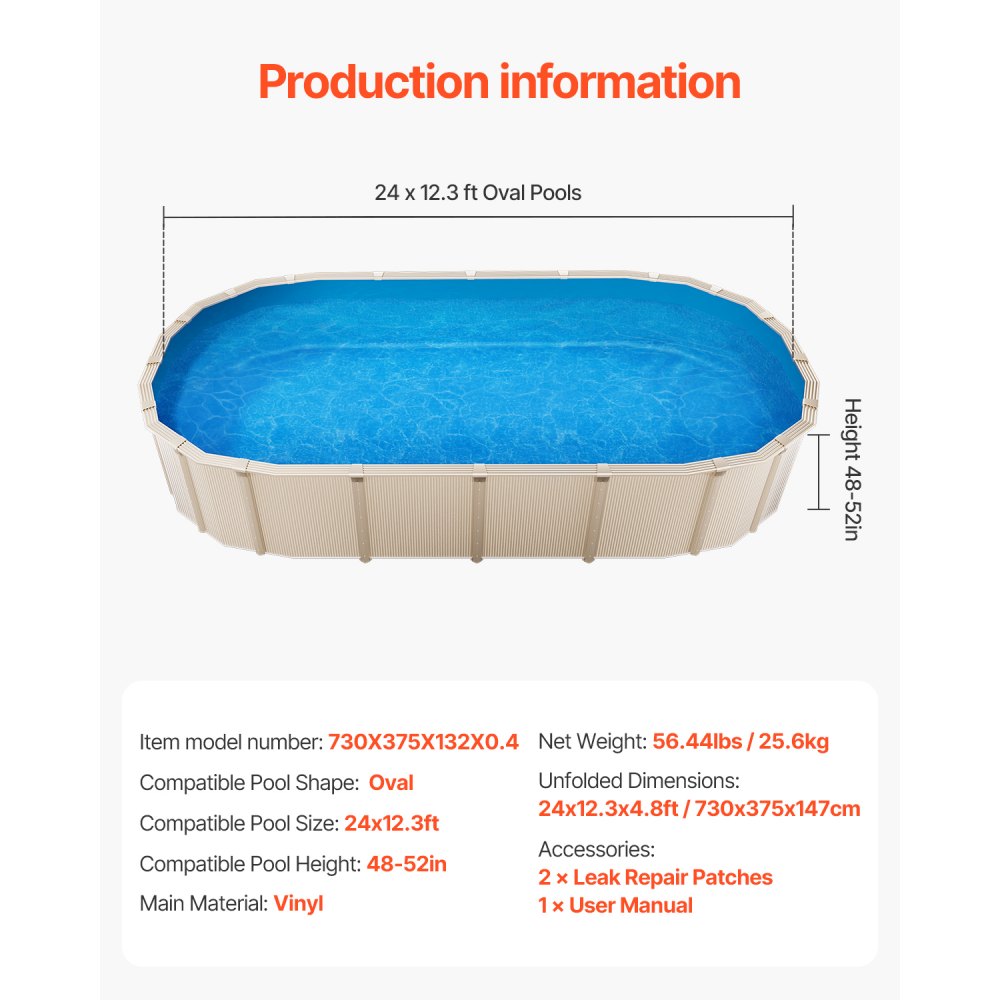 VEVOR oval bassengforing, 24 x 12,3 fot, svømmebassengforing, standard mål, slitesterk vinylbassengforing, overlappende stil, erstatning for bassengforing for 52 tommer vegghøyde over bakken svømmebasseng, ensfarget