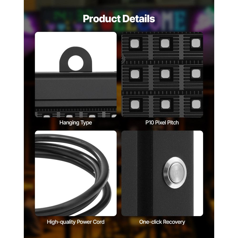 VEVOR Programmerbart LED-skilt, P10 Fullfarget Fleksibelt Digitalt Scrolling Panel, DIY Tilpasset Tekstmønster GIF-skjermtavle, Bluetooth APP-kontroll Meldingsbutikkskilt for butikkreklame, 52x8 tommer