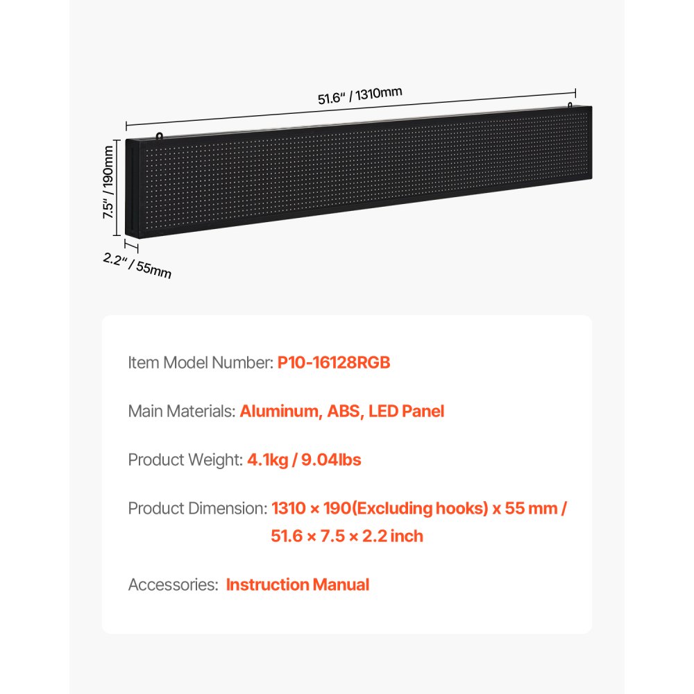 VEVOR Programmerbart LED-skilt, P10 Fullfarget Fleksibelt Digitalt Scrolling Panel, DIY Tilpasset Tekstmønster GIF-skjermtavle, Bluetooth APP-kontroll Meldingsbutikkskilt for butikkreklame, 52x8 tommer