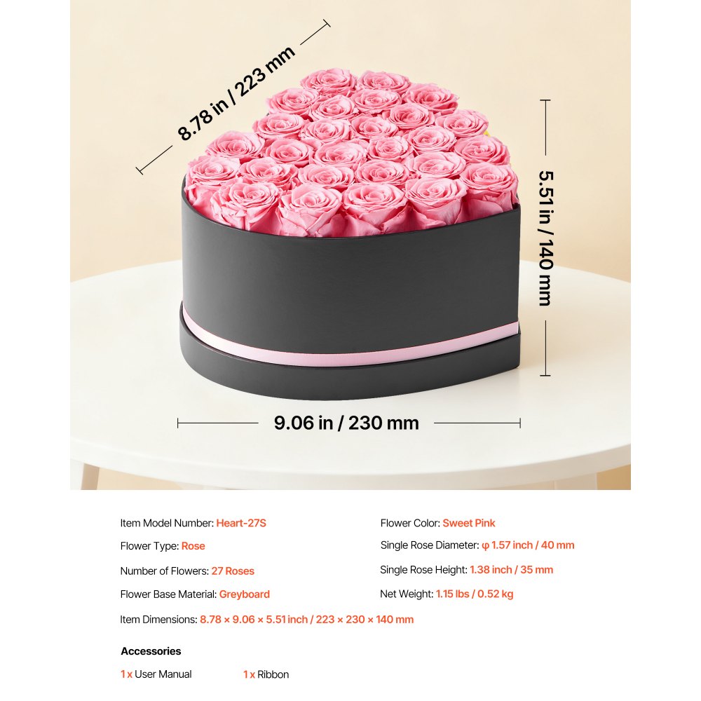 VEVOR Forever Flowers, 27 konserverte roser i en hjerteformet eske, evige blomster udødelig bukett bursdagsgave til kvinner hennes kone mødre, jubileum, valentinsdag, jul, rosa