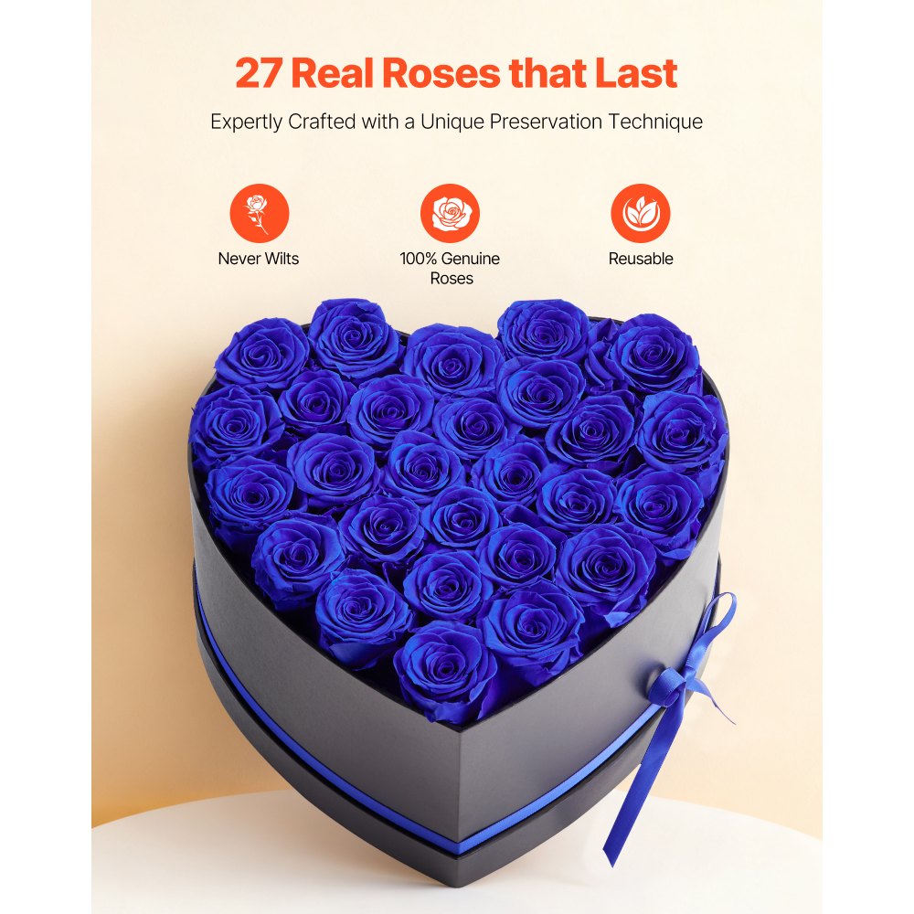 VEVOR Forever Flowers, 27 konserverte roser i en hjerteformet eske, evige blomster udødelig bukett bursdagsgave til kvinner hennes kone mødre, jubileum, valentinsdag, jul, kongeblå
