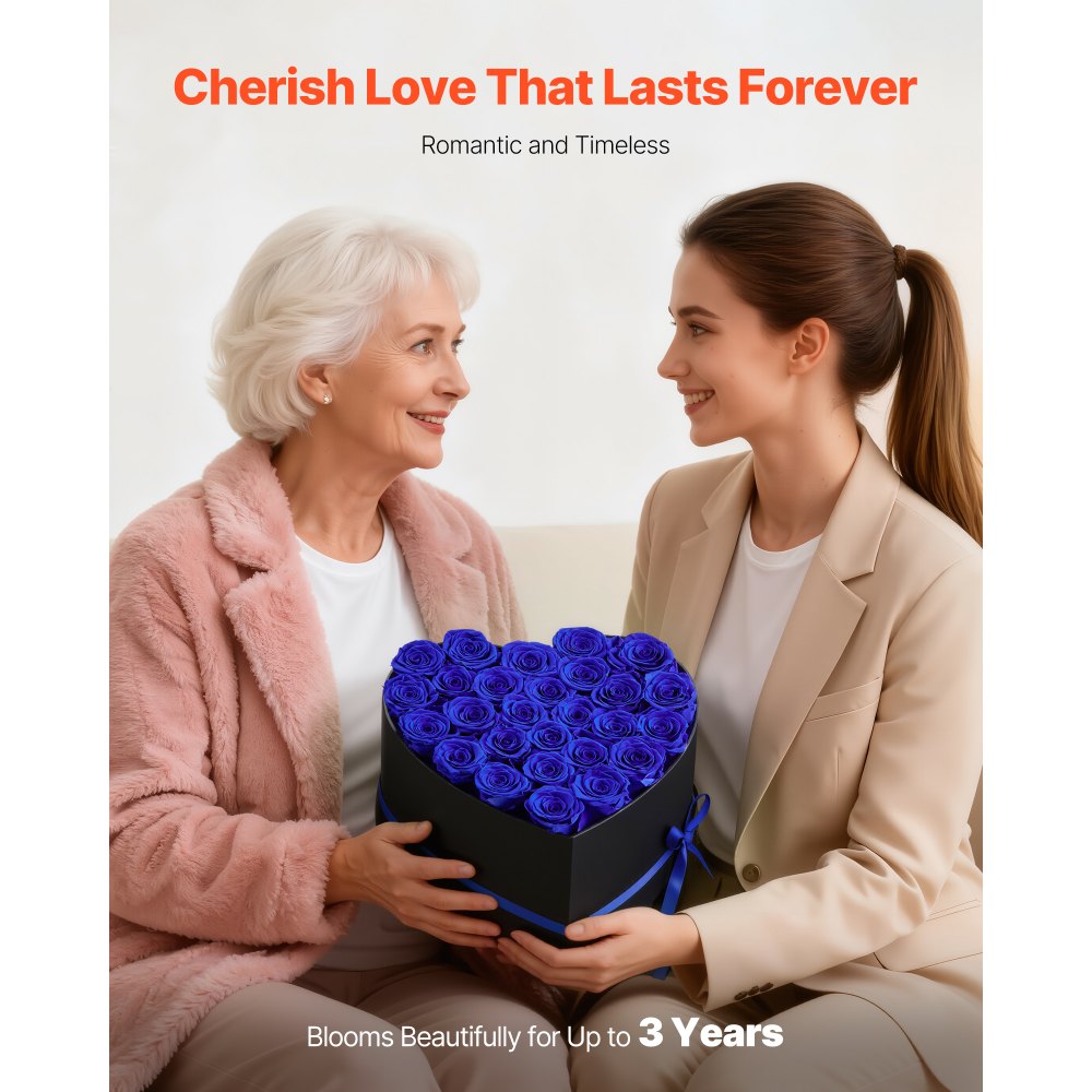 VEVOR Forever Flowers, 27 konserverte roser i en hjerteformet eske, evige blomster udødelig bukett bursdagsgave til kvinner hennes kone mødre, jubileum, valentinsdag, jul, kongeblå