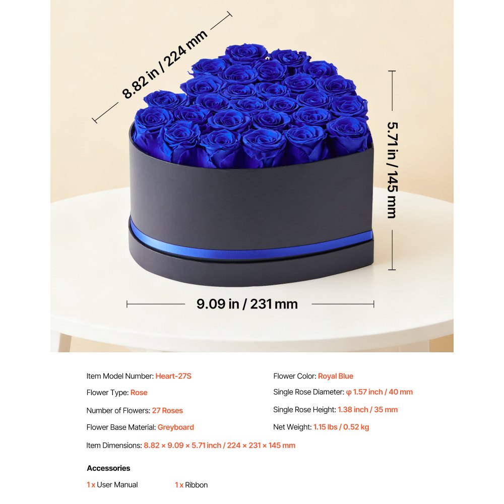 VEVOR Forever Flowers, 27 konserverte roser i en hjerteformet eske, evige blomster udødelig bukett bursdagsgave til kvinner hennes kone mødre, jubileum, valentinsdag, jul, kongeblå