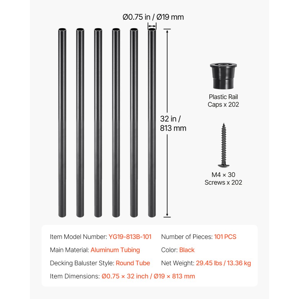 VEVOR Trappebalustre 101-pakning, 32 tommers trappebalustre i aluminium, 3/4 tommers vanntett rundt spindelrekkverk i metall, hult dekkrekkverk med skinnehetter og skruer for trapper, veranda, uteplass, gjerde, svart