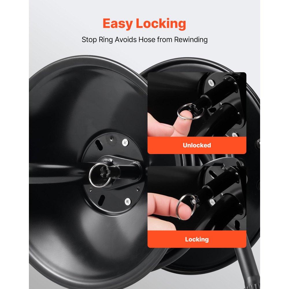 VEVOR Pressure Washer Hose Reel, 15.2 m x 9.5 mm Heavy-Duty Steel Bracket-Mounted Pressure Hose Reel, Wall/Floor/Truck Mount, 4000PSI Max, Manual Power Hand Crank for Water, with Grip Handle