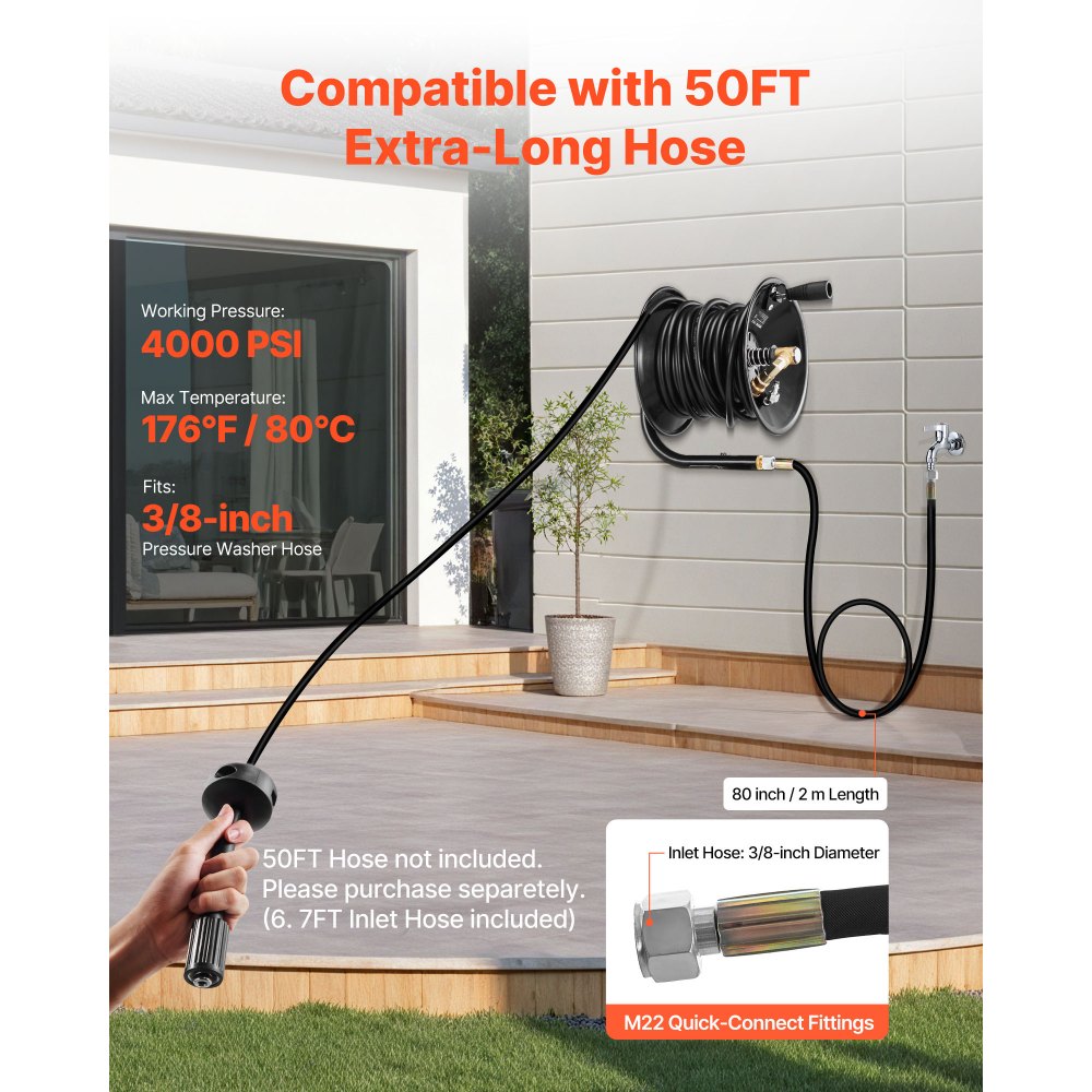 VEVOR Pressure Washer Hose Reel, 15.2 m x 9.5 mm Heavy-Duty Steel Bracket-Mounted Pressure Hose Reel, Wall/Floor/Truck Mount, 4000PSI Max, Manual Power Hand Crank for Water, with Grip Handle