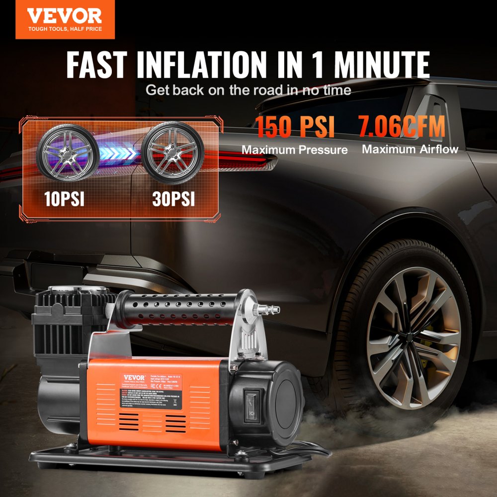VEVOR 12V kraftig luftkompressor - med digitalt trykkmåler dekkpumpesett, 7,06 CFM bærbar dekkpumpe, 150PSI offroad luftpumpe med adaptere for lastebiler, biler, SUV-er, 4x4-kjøretøy, bobiler