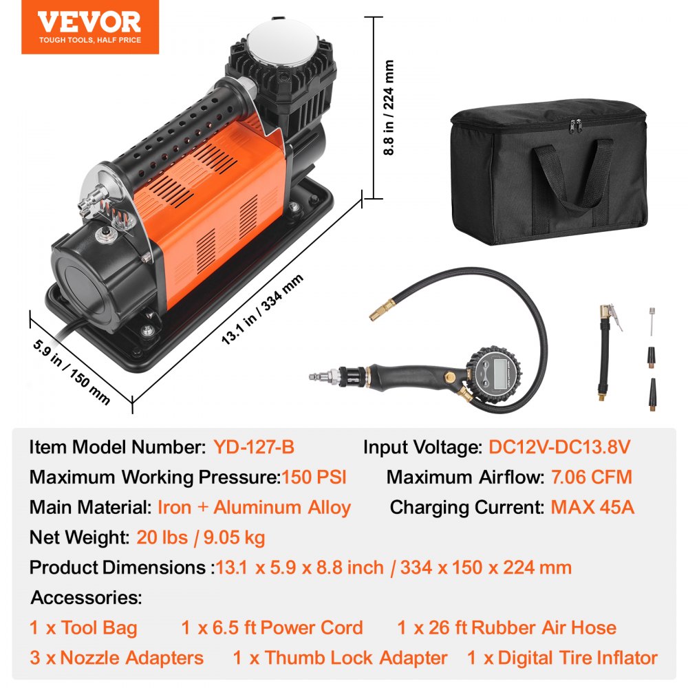 VEVOR 12V kraftig luftkompressor - med digitalt trykkmåler dekkpumpesett, 7,06 CFM bærbar dekkpumpe, 150PSI offroad luftpumpe med adaptere for lastebiler, biler, SUV-er, 4x4-kjøretøy, bobiler