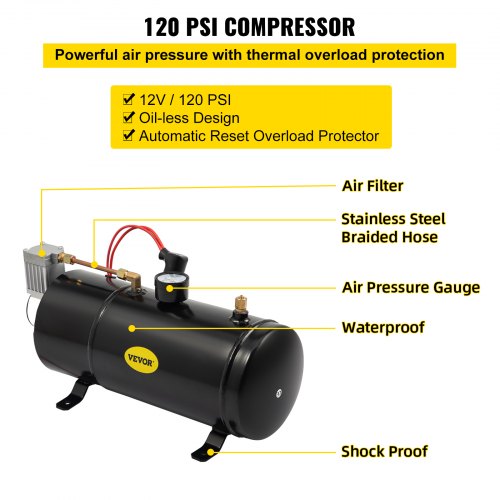 VEVOR 150DB Train Horns Kit for Trucks Super Loud with 120 PSI 12V Air Compressor 4 Trumpet Air Horn Compressor Tank For Any Vehicle Trucks Car Jeep Or SUV (Black)