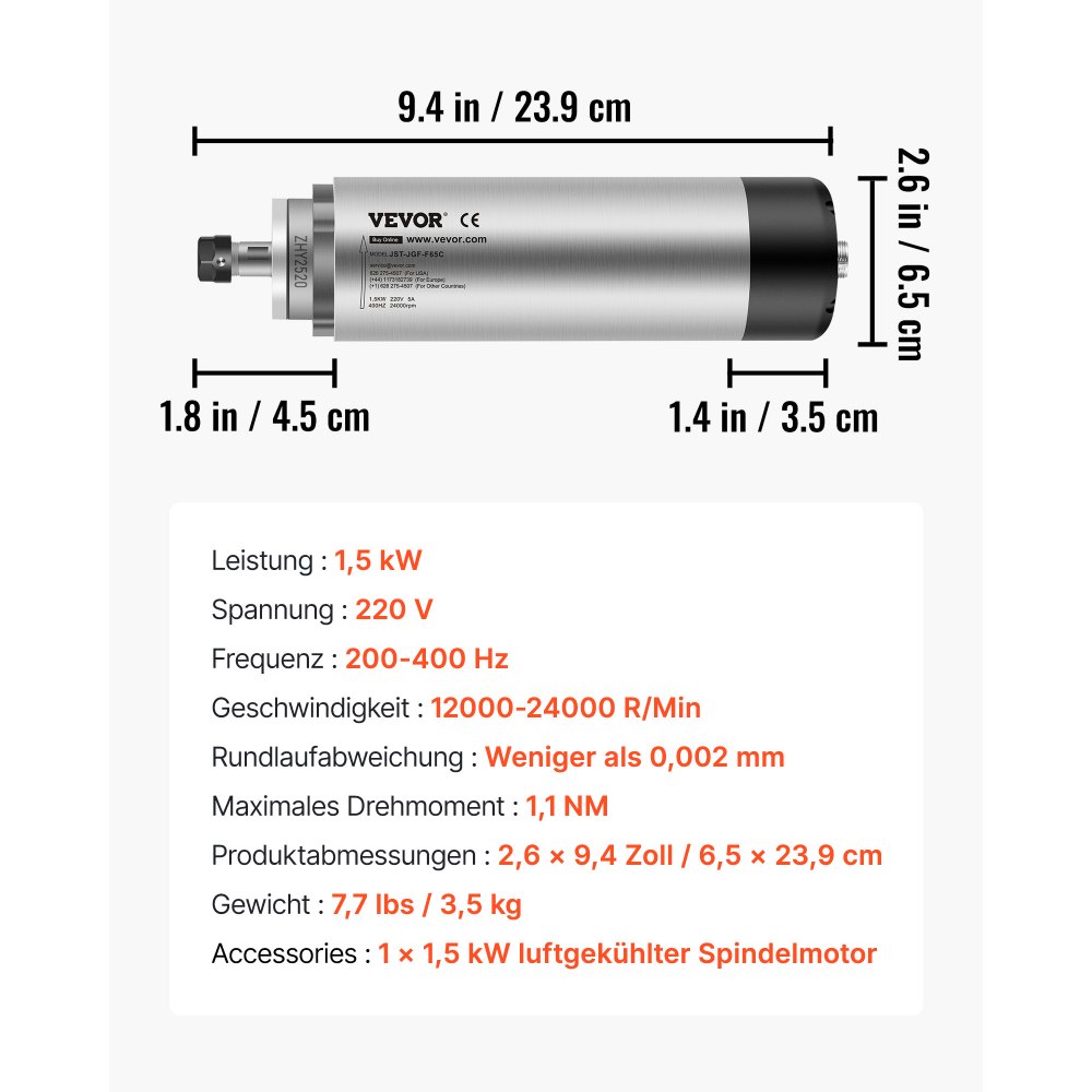 VEVOR Silnik wrzeciona CNC chłodzony powietrzem 1,5 kW, silnik wrzeciona chłodzony powietrzem 220–250 V Silnik chłodzony powietrzem do uchwytu zaciskowego CNC 8000–24000 obr./min Silnik wrzeciona chłodzony powietrzem
