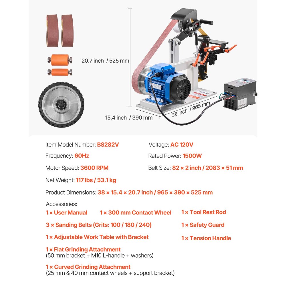 VEVOR Szlifierka taśmowa 1500 W Szlifierka taśmowa i tarczowa 5,08 x 208,28 cm Rozmiar taśmy Szlifierka taśmowa 1 faza w Szlifierka trójfazowa 427 x 30,5 cm Szlifierka taśmowa z tarczą gumową