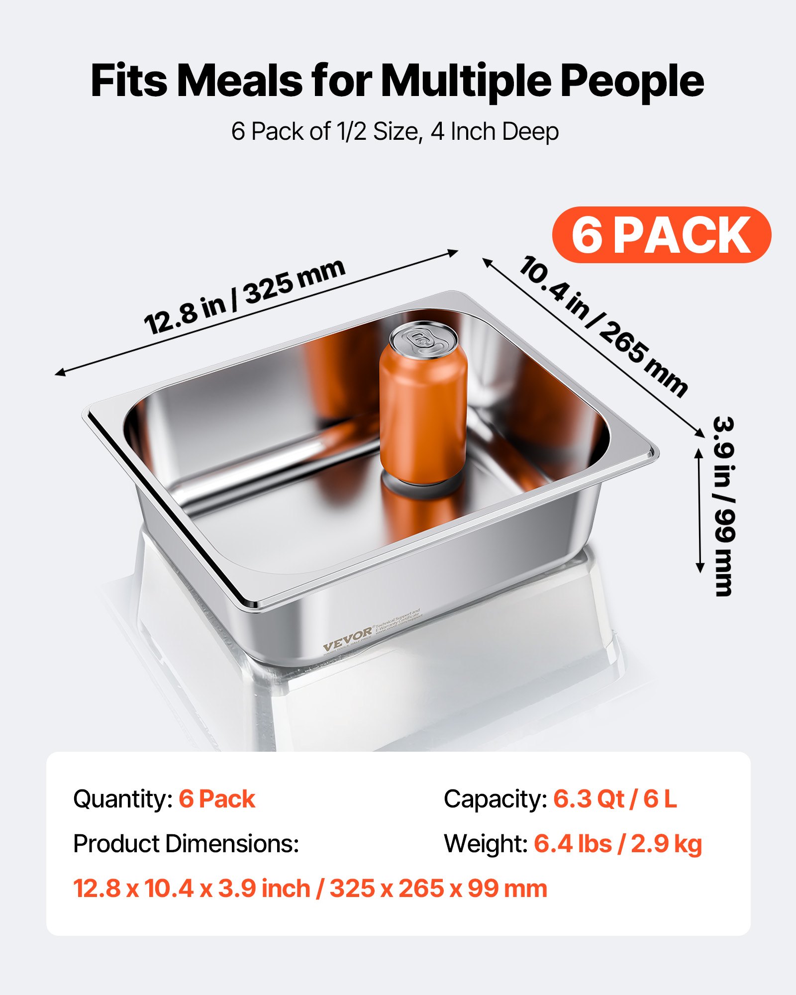 VEVOR Pojemnik Gastronorm Hotel Pan (rozmiar 1/2) 6 szt. 6 l, wielokrotnego użytku pojemniki (głębokość 98 mm), stal nierdzewna do przechowywania żywności cateringowej, tacka do panierowania, pojemnik na żywność na przyjęcia, bufet restauracyjny