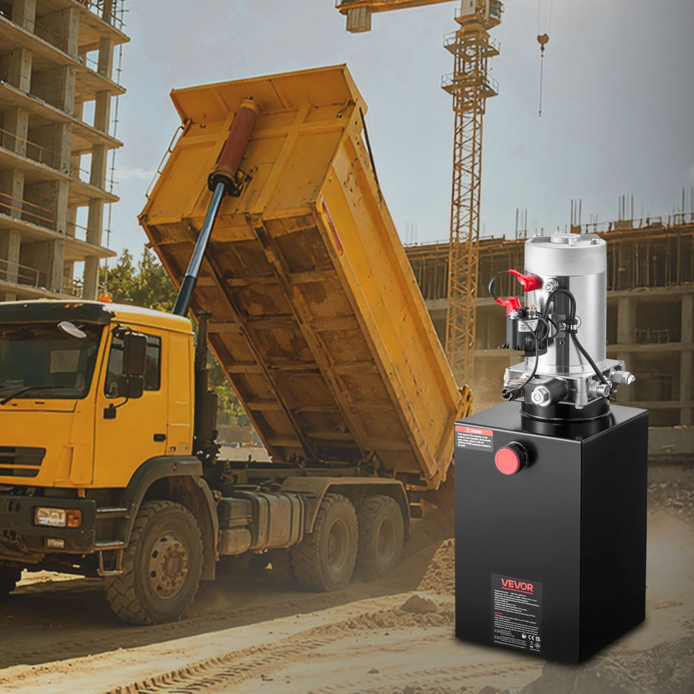 Agregat hydrauliczny VEVOR 15 Qt, pompa jednostronnego działania do przyczep wywrotek, maksymalne ciśnienie otwarcia 22 MPa i wydajność 3,4 l/min, pompa hydrauliczna 12 V DC ze zbiornikiem metalowym do przyczep wywrotek, kolor czarny