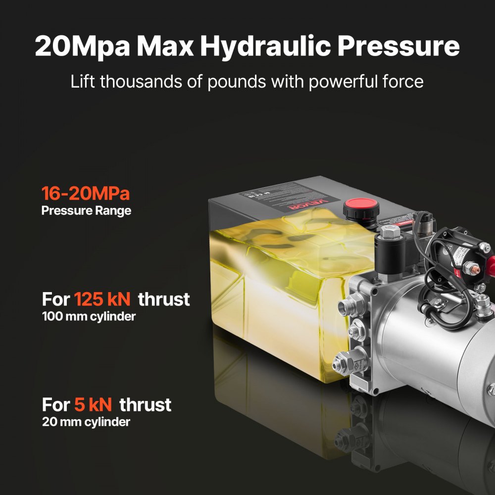 Agregat hydrauliczny VEVOR 6 Qt, pompa jednostronnego działania do przyczep wywrotek, maksymalne ciśnienie otwarcia 22 MPa i wydajność 3,4 l/min, pompa hydrauliczna 12 V DC ze zbiornikiem metalowym do przyczep wywrotek, kolor czarny
