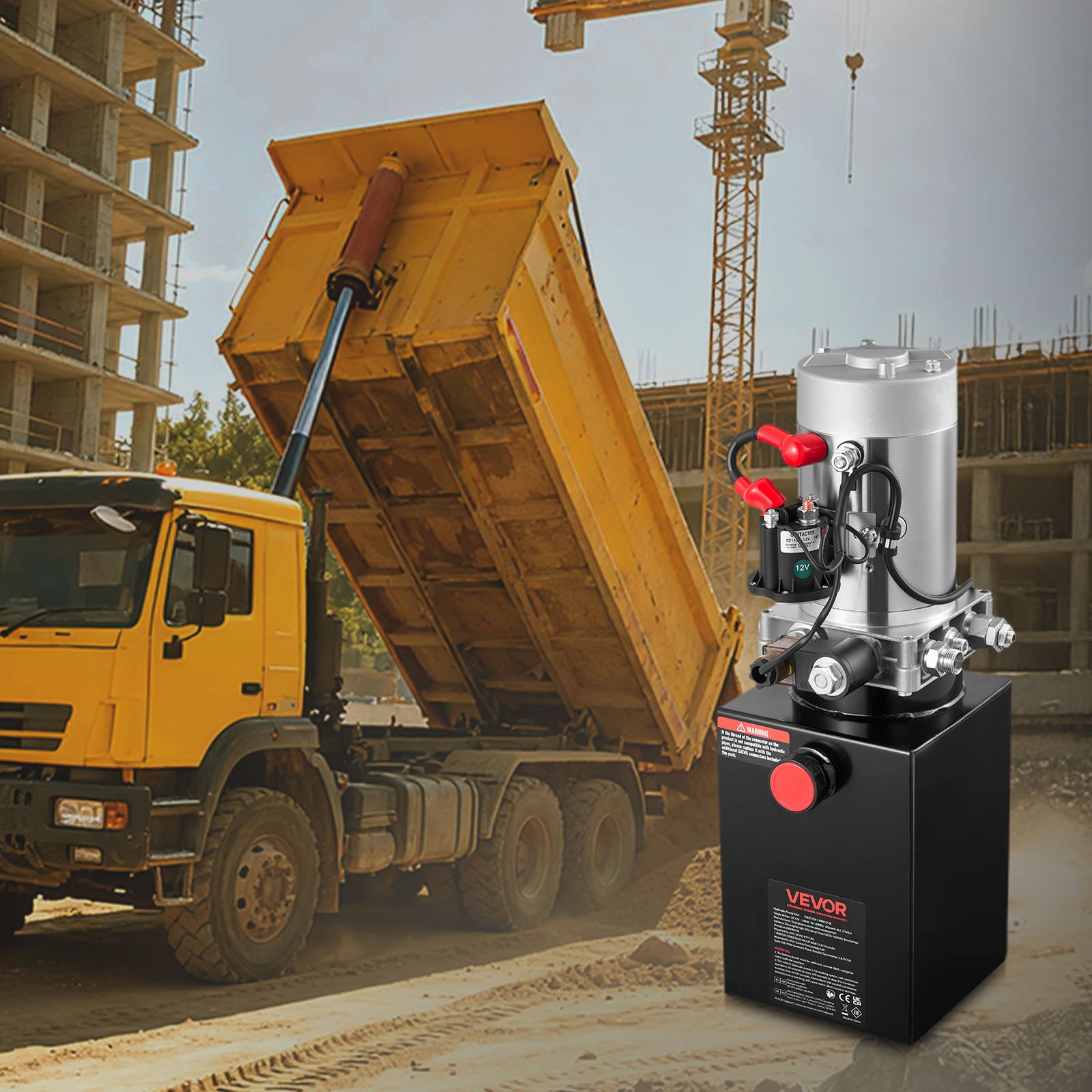 Agregat hydrauliczny VEVOR 6 Qt, pompa jednostronnego działania do przyczep wywrotek, maksymalne ciśnienie otwarcia 22 MPa i wydajność 3,4 l/min, pompa hydrauliczna 12 V DC ze zbiornikiem metalowym do przyczep wywrotek, kolor czarny