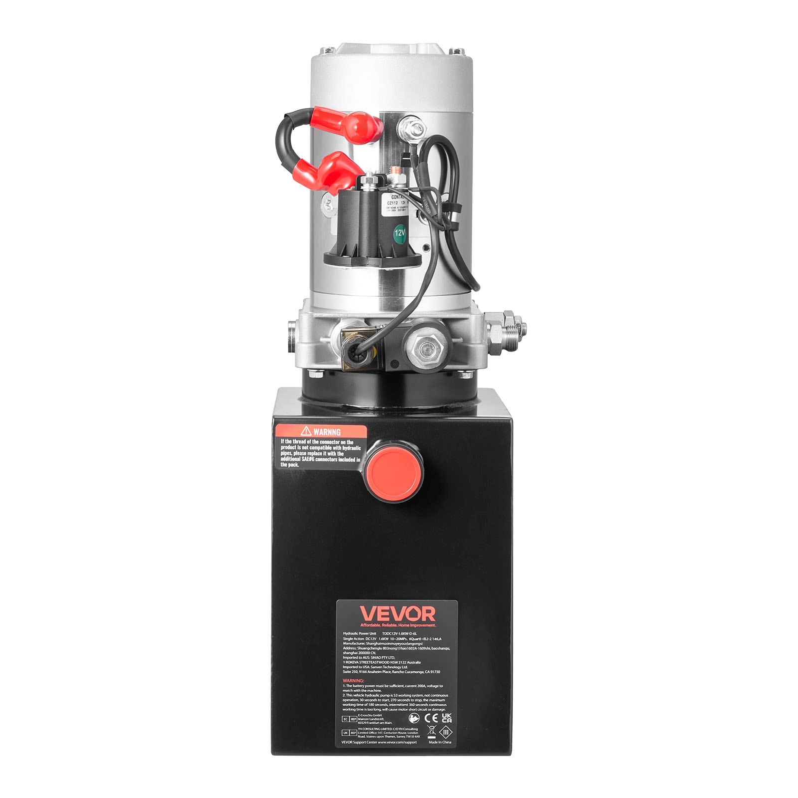 Agregat hydrauliczny VEVOR 6 Qt, pompa jednostronnego działania do przyczep wywrotek, maksymalne ciśnienie otwarcia 22 MPa i wydajność 3,4 l/min, pompa hydrauliczna 12 V DC ze zbiornikiem metalowym do przyczep wywrotek, kolor czarny