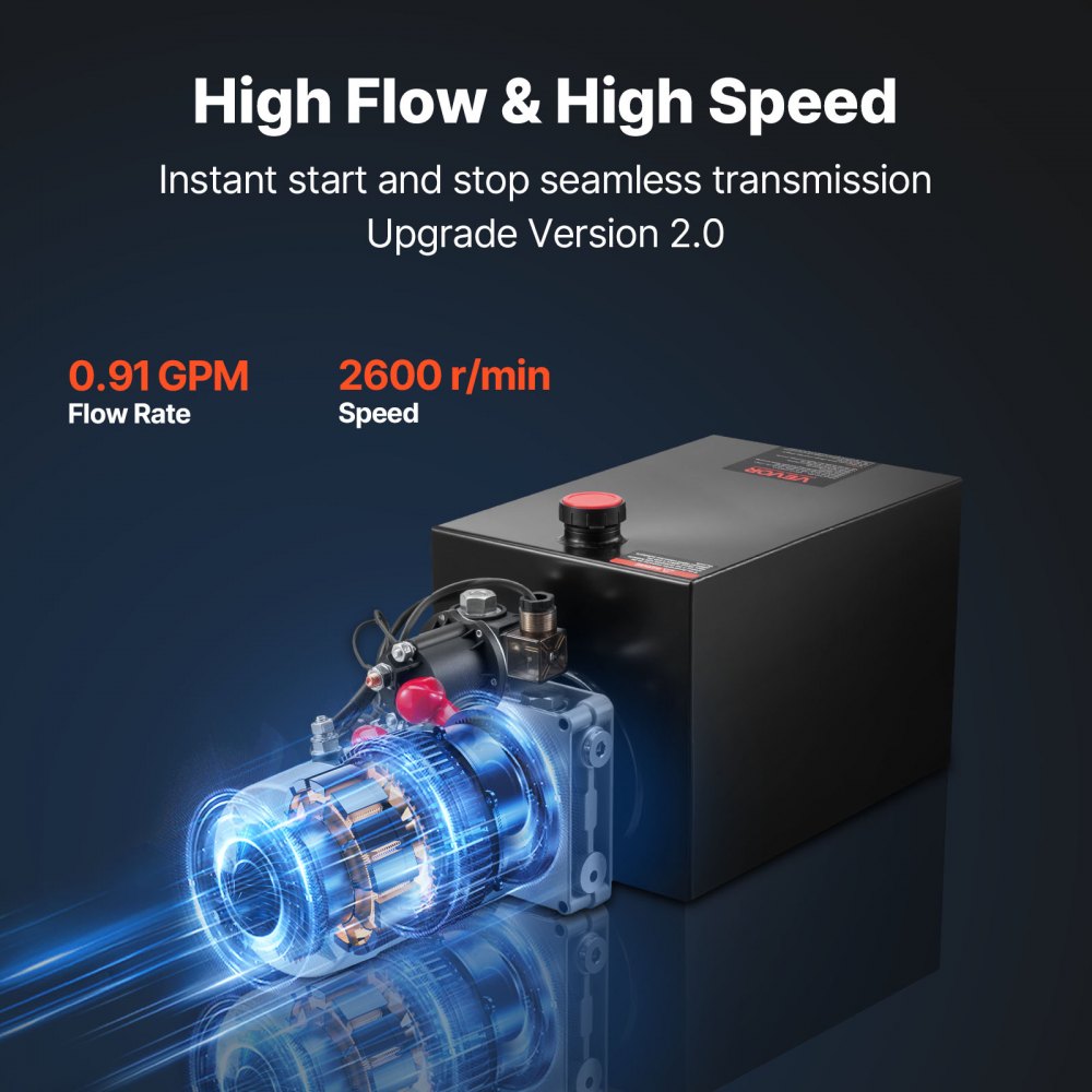 Agregat hydrauliczny VEVOR 10 Qt, pompa jednostronnego działania do przyczep wywrotek, maksymalne ciśnienie otwarcia 22 MPa i wydajność 3,4 l/min, pompa hydrauliczna 12 V DC ze zbiornikiem metalowym do przyczep wywrotek, kolor czarny