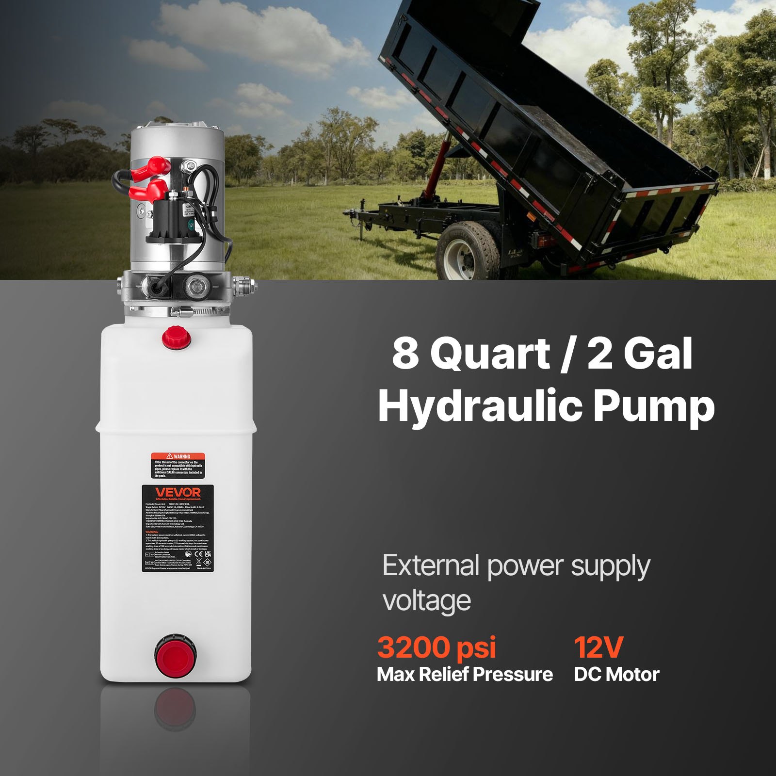 Agregat hydrauliczny VEVOR 8 Qt, pompa jednostronnego działania do przyczep wywrotek, maksymalne ciśnienie otwarcia 22 MPa i przepływ 3,4 l/min, pompa hydrauliczna 12 V DC ze zbiornikiem metalowym do przyczep wywrotek, biała