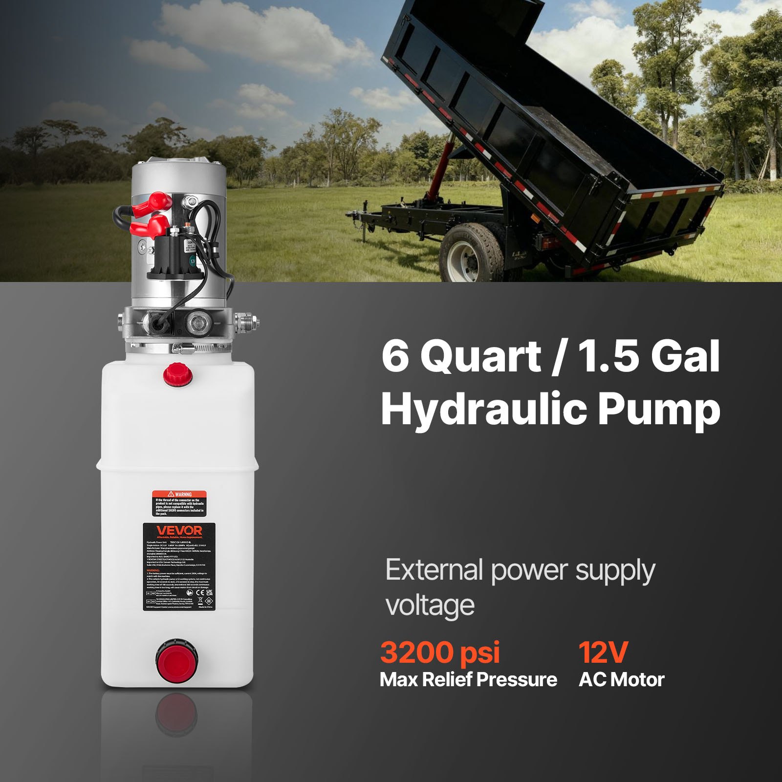 Agregat hydrauliczny VEVOR 6 Qt, pompa dwustronnego działania do przyczep wywrotek, maksymalne ciśnienie otwarcia 22 MPa i wydajność 3,4 l/min, pompa hydrauliczna 12 V DC ze zbiornikiem metalowym do przyczep wywrotek, biała