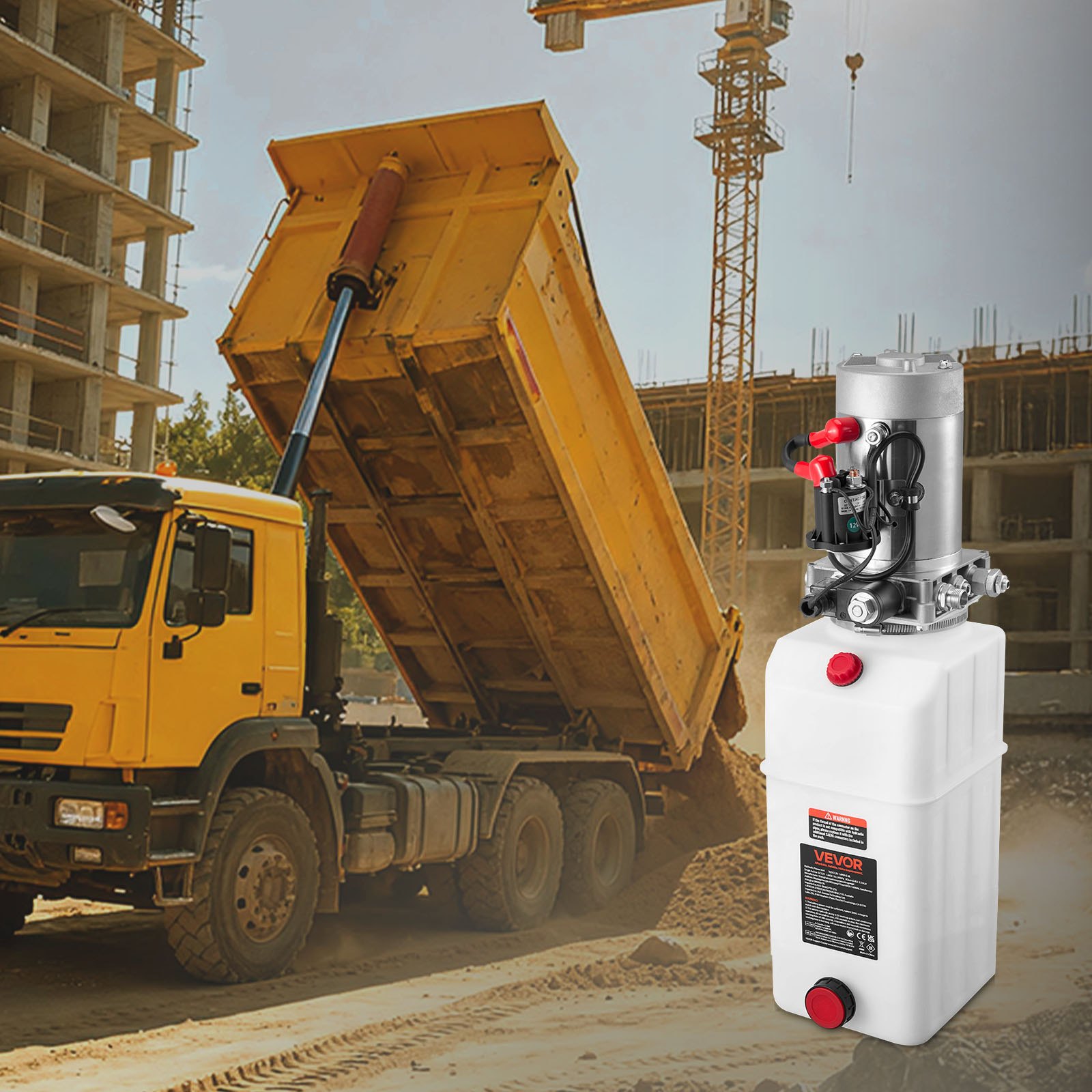 Agregat hydrauliczny VEVOR 6 Qt, pompa dwustronnego działania do przyczep wywrotek, maksymalne ciśnienie otwarcia 22 MPa i wydajność 3,4 l/min, pompa hydrauliczna 12 V DC ze zbiornikiem metalowym do przyczep wywrotek, biała