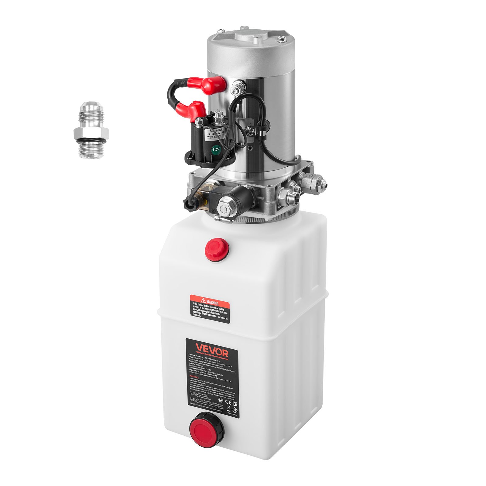 Agregat hydrauliczny VEVOR 7 Qt, pompa jednostronnego działania do przyczep wywrotek, maksymalne ciśnienie otwarcia 22 MPa i przepływ 3,4 l/min, pompa hydrauliczna 12 V DC ze zbiornikiem metalowym do przyczep wywrotek, kolor biały