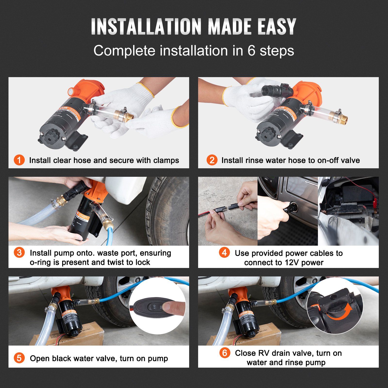 Pompa VEVOR do brudnej wody, przenośna, 12 V, pompa ściekowa 45 l/min, pompa rozdrabniająca ze zdejmowanym zaworem szybkozłącznym, metalowy zacisk węża, przewód zasilający, do kamperów, łodzi, jachtów i kamperów