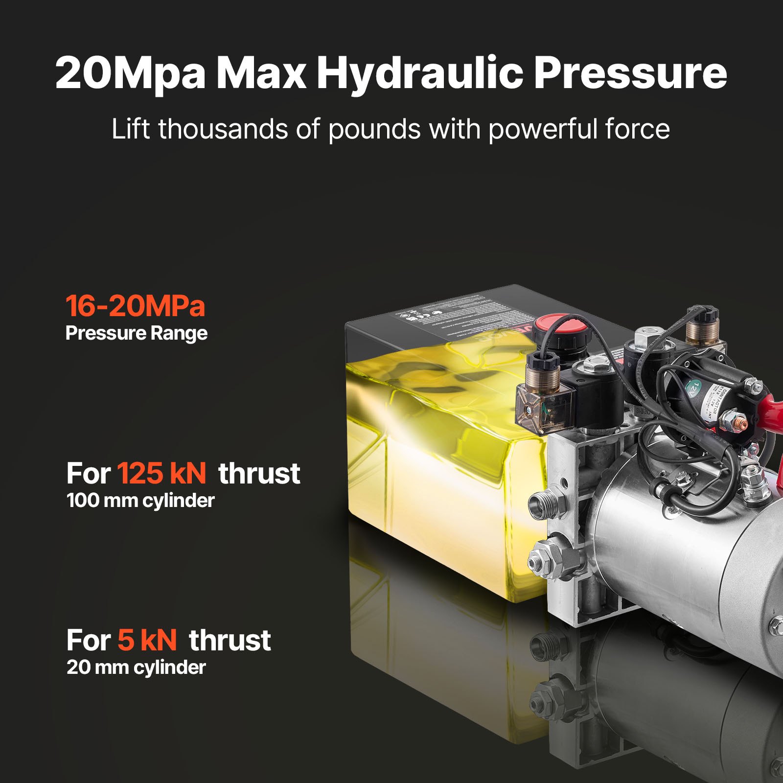 Agregat hydrauliczny VEVOR 4 Qt, pompa dwustronnego działania do przyczep wywrotek, maksymalne ciśnienie otwarcia 22 MPa i wydajność 3,4 l/min, pompa hydrauliczna 12 V DC ze zbiornikiem metalowym do przyczep wywrotek, kolor czarny