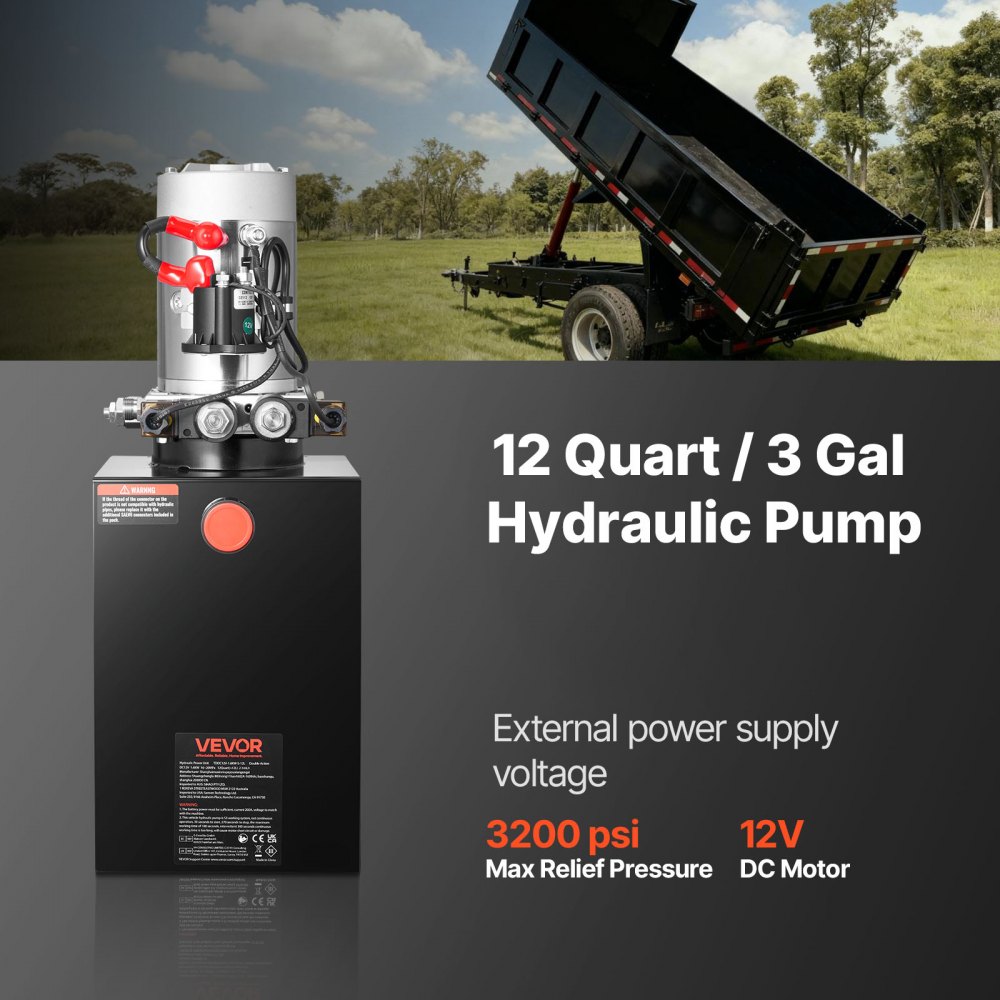 Agregat hydrauliczny VEVOR 12 Qt, pompa dwustronnego działania do przyczep wywrotek, maksymalne ciśnienie otwarcia 22 MPa i wydajność 3,4 l/min, pompa hydrauliczna 12 V DC ze zbiornikiem metalowym do przyczep wywrotek, czarna