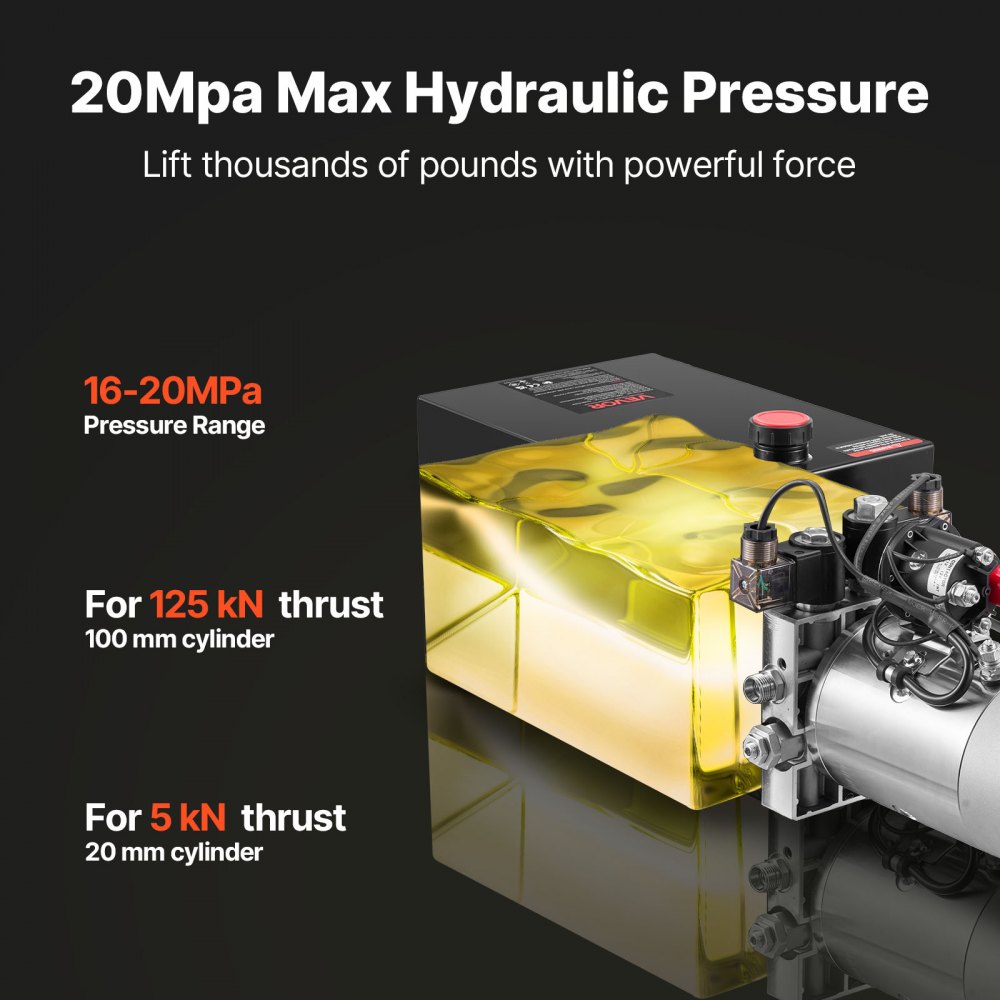 Agregat hydrauliczny VEVOR 12 Qt, pompa dwustronnego działania do przyczep wywrotek, maksymalne ciśnienie otwarcia 22 MPa i wydajność 3,4 l/min, pompa hydrauliczna 12 V DC ze zbiornikiem metalowym do przyczep wywrotek, czarna