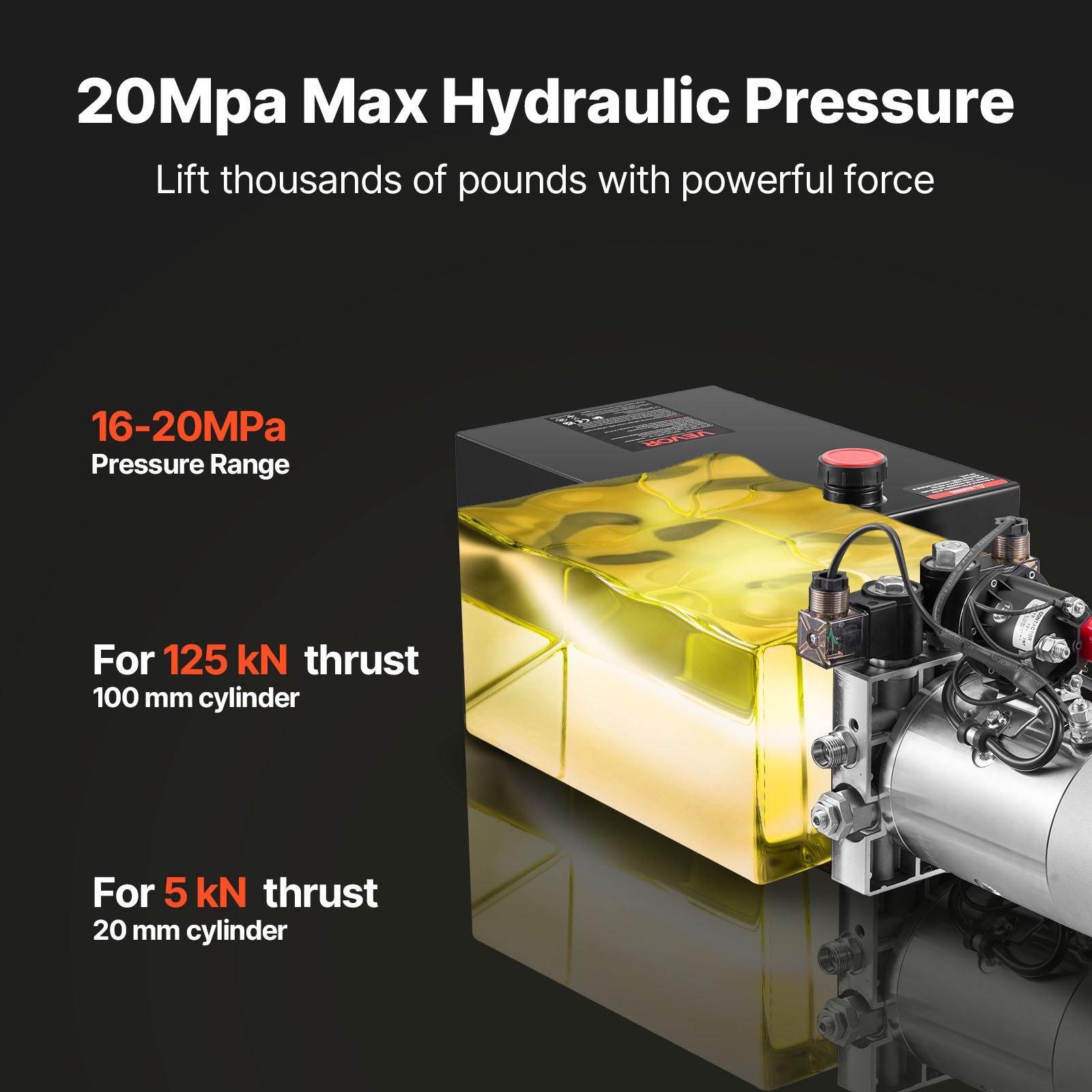 Agregat hydrauliczny VEVOR 12 Qt, pompa dwustronnego działania do przyczep wywrotek, maksymalne ciśnienie otwarcia 22 MPa i wydajność 3,4 l/min, pompa hydrauliczna 12 V DC ze zbiornikiem metalowym do przyczep wywrotek, czarna