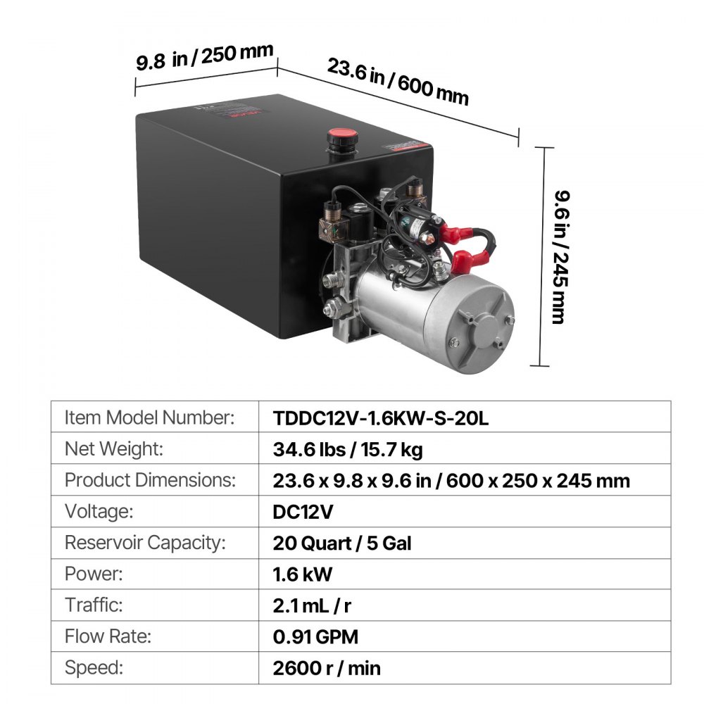 VEVOR 20 L Hydraulic Power Unit, Double Acting Dump Trailer Pump, 22 MPa Max Relief Pressure & 3.4 L/min Flow Rate, DC 12V Hydraulic Pump with Metal Reservoir for Dump Trailer Car Lifting