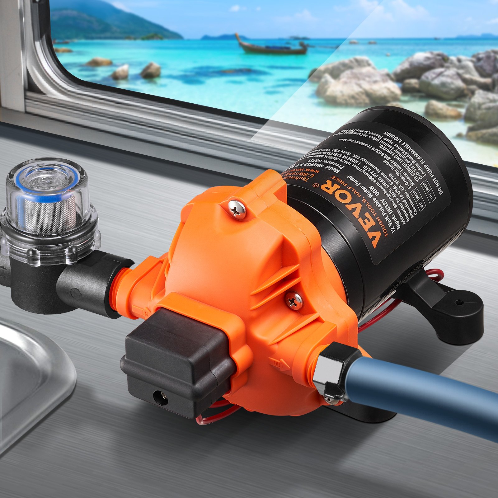 VEVOR pompa membranowa 12 V, 6,81 l/min, 3-komorowa pompa wodna DC z automatycznym wyłącznikiem ciśnieniowym, regulowana w zakresie 40–100 PSI, 60 PSI, port 1/2" MNPT, do kamperów, jachtów, food trucków, kamperów i łodzi