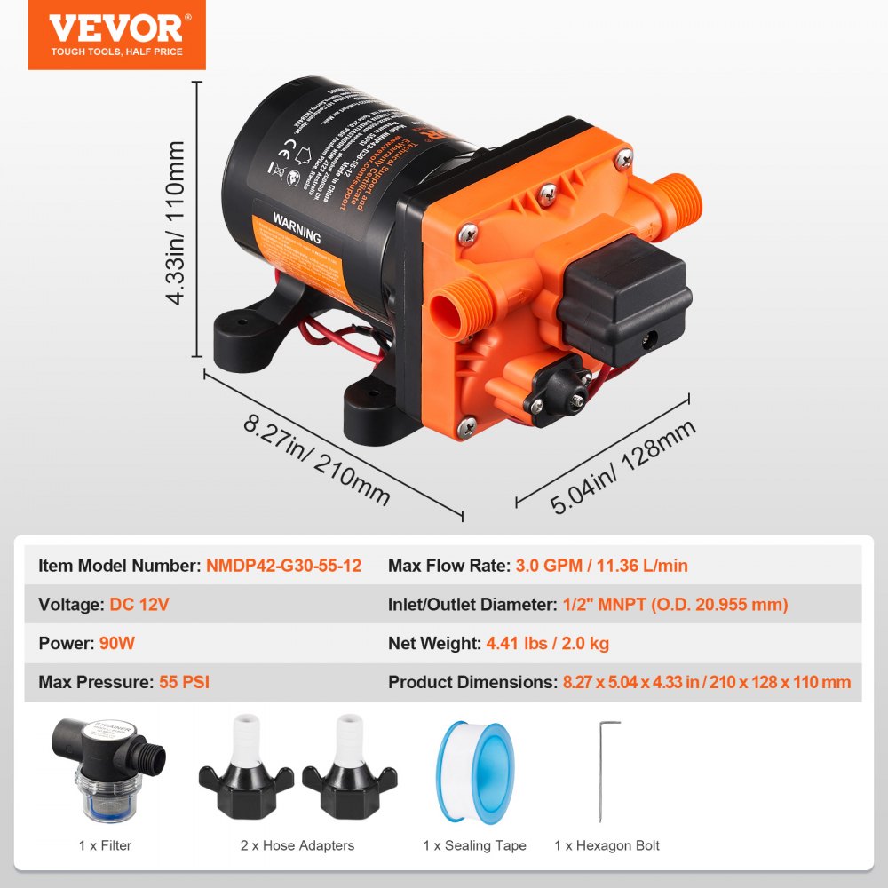 VEVOR 12V Diaphragm Pump, 11.36 L/min, 4-Chamber DC Water Pump with Automatic Pressure Switch, Adjustable 40-100 PSI, 55 PSI, 1/2 Inch MNPT Connection, for RV, Yacht, Food Truck, Camper, Marine