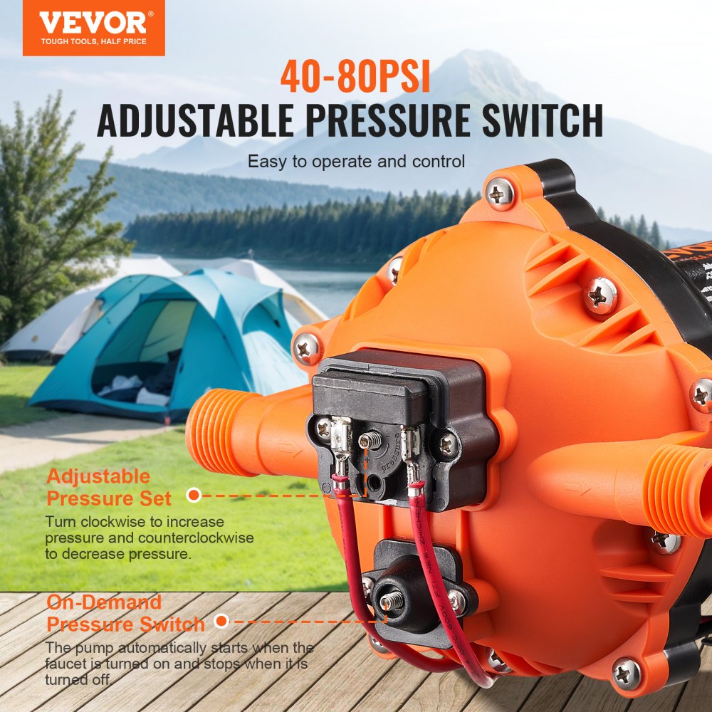 VEVOR pompa membranowa 12 V, 18,93 l/min, 5-komorowa pompa wodna DC z automatycznym wyłącznikiem ciśnieniowym, regulowana w zakresie 40–100 PSI, 70 PSI, przyłącze 1/2" MNPT, do kamperów, jachtów, food trucków, kamperów i łodzi