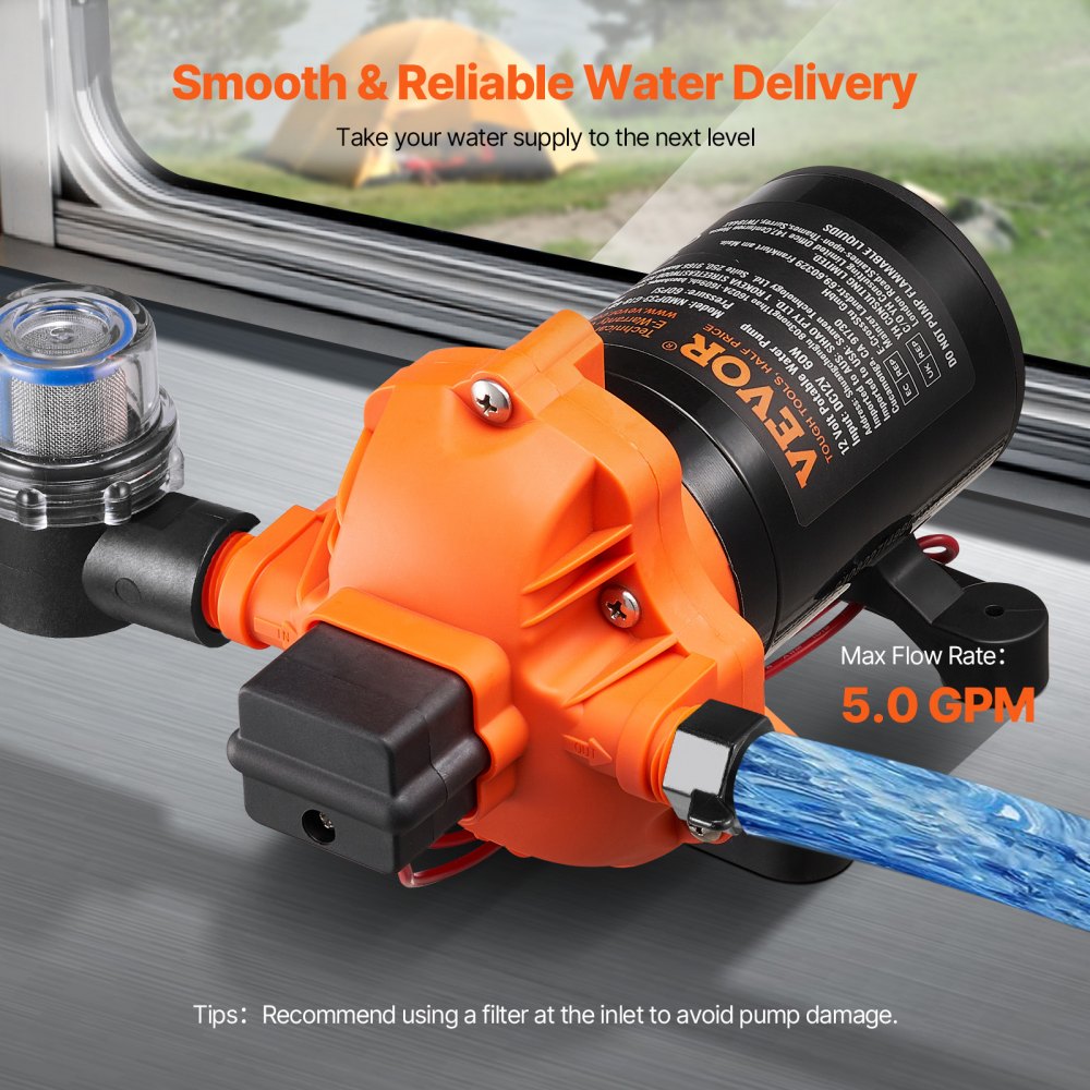 VEVOR pompa membranowa 12 V, 18,93 l/min, 5-komorowa pompa wodna DC z automatycznym wyłącznikiem ciśnieniowym, regulowana w zakresie 40–100 PSI, 70 PSI, przyłącze 1/2" MNPT, do kamperów, jachtów, food trucków, kamperów i łodzi
