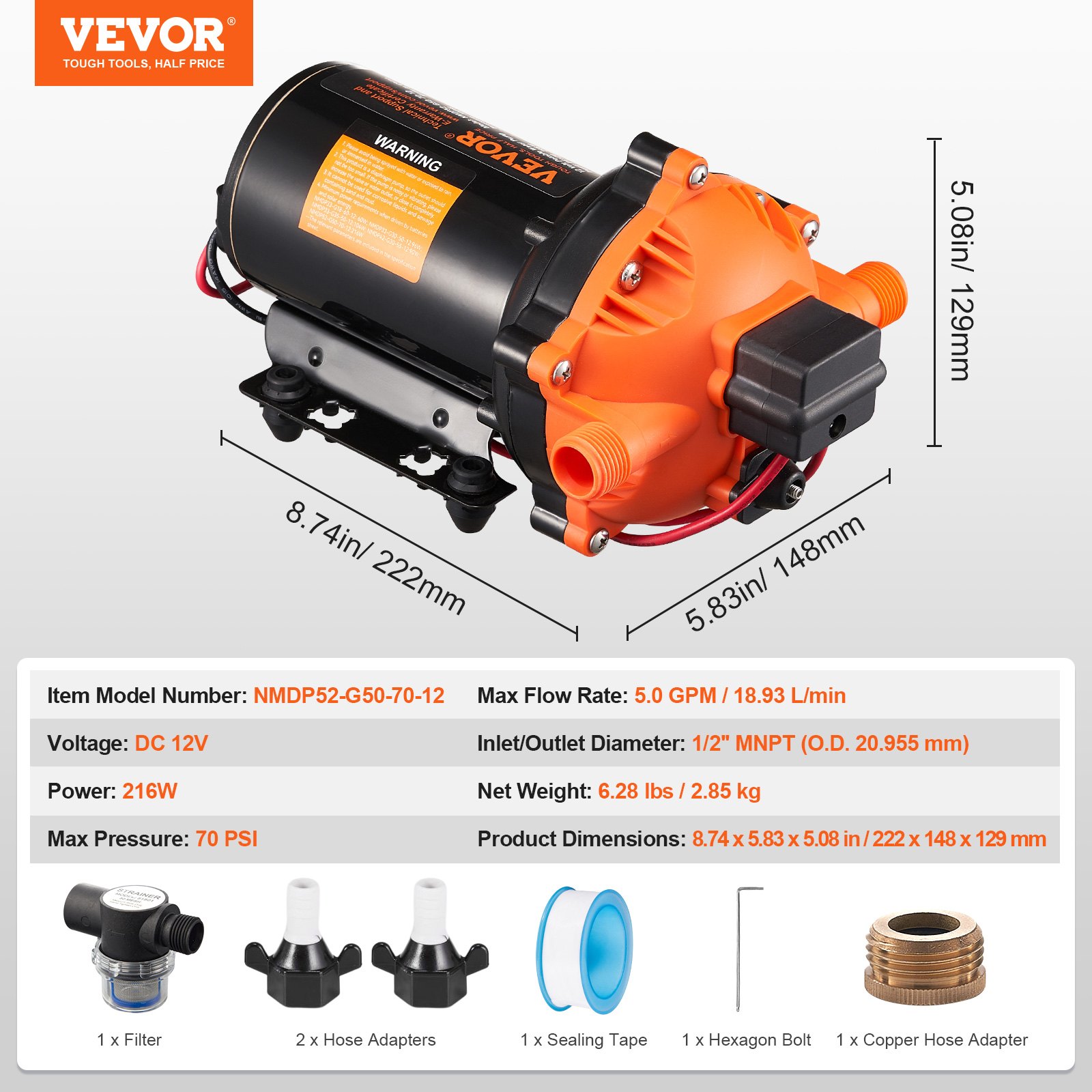 VEVOR pompa membranowa 12 V, 18,93 l/min, 5-komorowa pompa wodna DC z automatycznym wyłącznikiem ciśnieniowym, regulowana w zakresie 40–100 PSI, 70 PSI, przyłącze 1/2" MNPT, do kamperów, jachtów, food trucków, kamperów i łodzi
