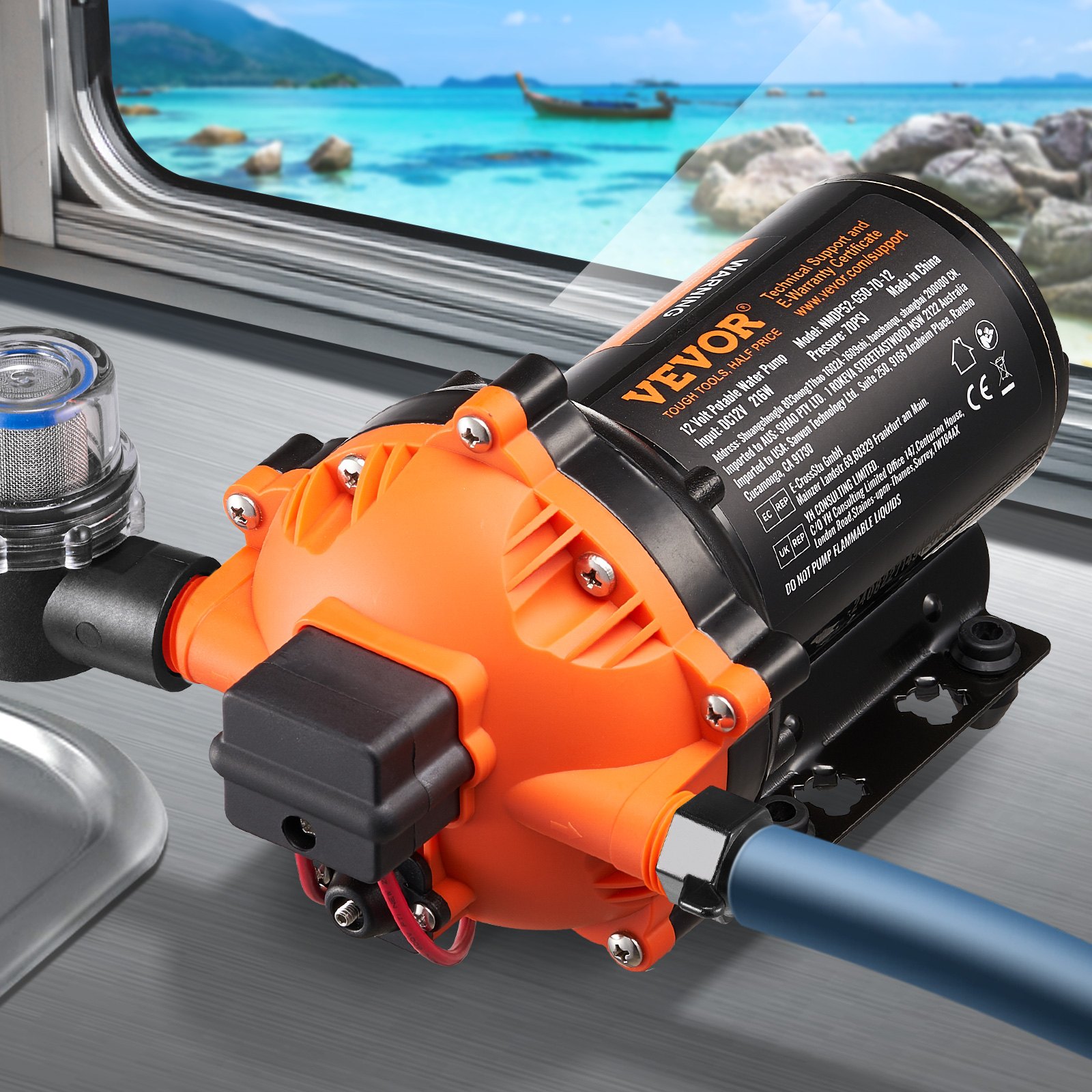 VEVOR pompa membranowa 12 V, 18,93 l/min, 5-komorowa pompa wodna DC z automatycznym wyłącznikiem ciśnieniowym, regulowana w zakresie 40–100 PSI, 70 PSI, przyłącze 1/2" MNPT, do kamperów, jachtów, food trucków, kamperów i łodzi