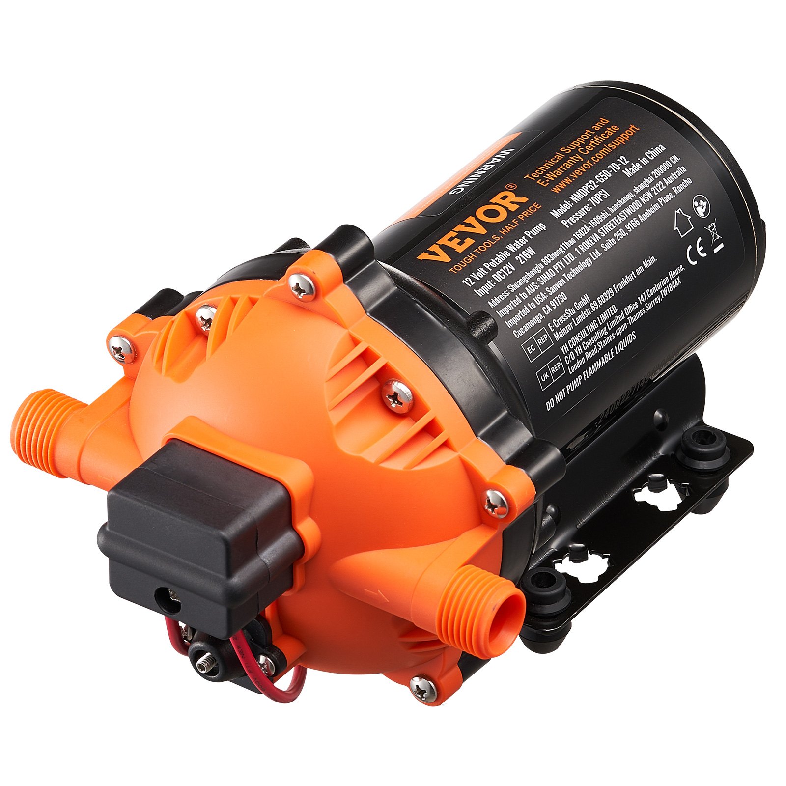 VEVOR pompa membranowa 12 V, 18,93 l/min, 5-komorowa pompa wodna DC z automatycznym wyłącznikiem ciśnieniowym, regulowana w zakresie 40–100 PSI, 70 PSI, przyłącze 1/2" MNPT, do kamperów, jachtów, food trucków, kamperów i łodzi
