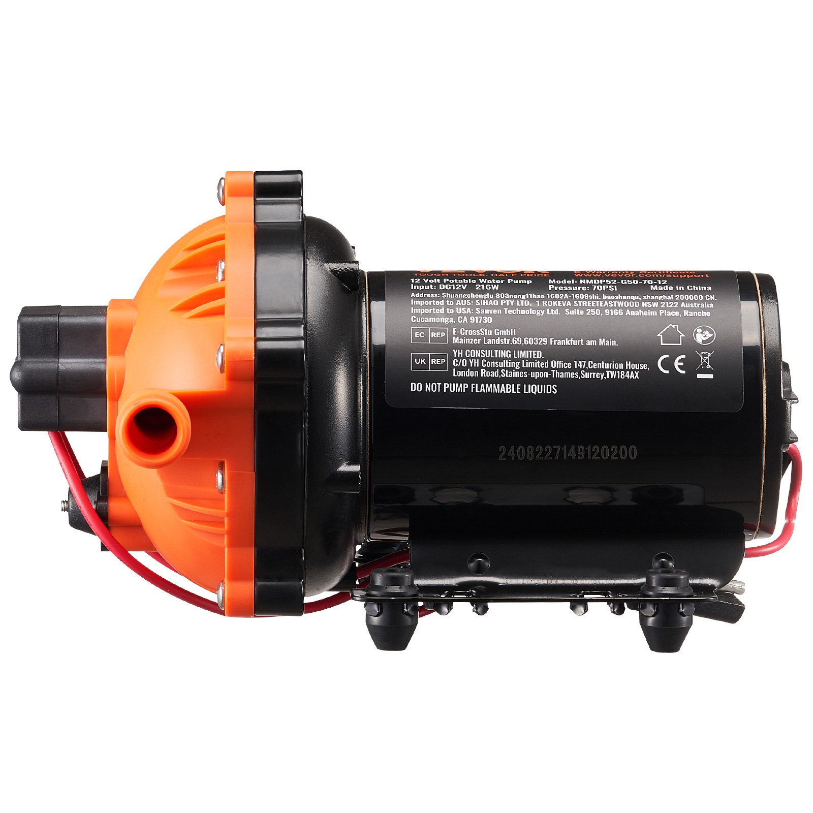 VEVOR pompa membranowa 12 V, 18,93 l/min, 5-komorowa pompa wodna DC z automatycznym wyłącznikiem ciśnieniowym, regulowana w zakresie 40–100 PSI, 70 PSI, przyłącze 1/2" MNPT, do kamperów, jachtów, food trucków, kamperów i łodzi