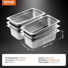 VEVOR 6 x patelnie hotelowe pojemniki gastronomiczne stal nierdzewna 1/3 rozmiar 326x177x99mm