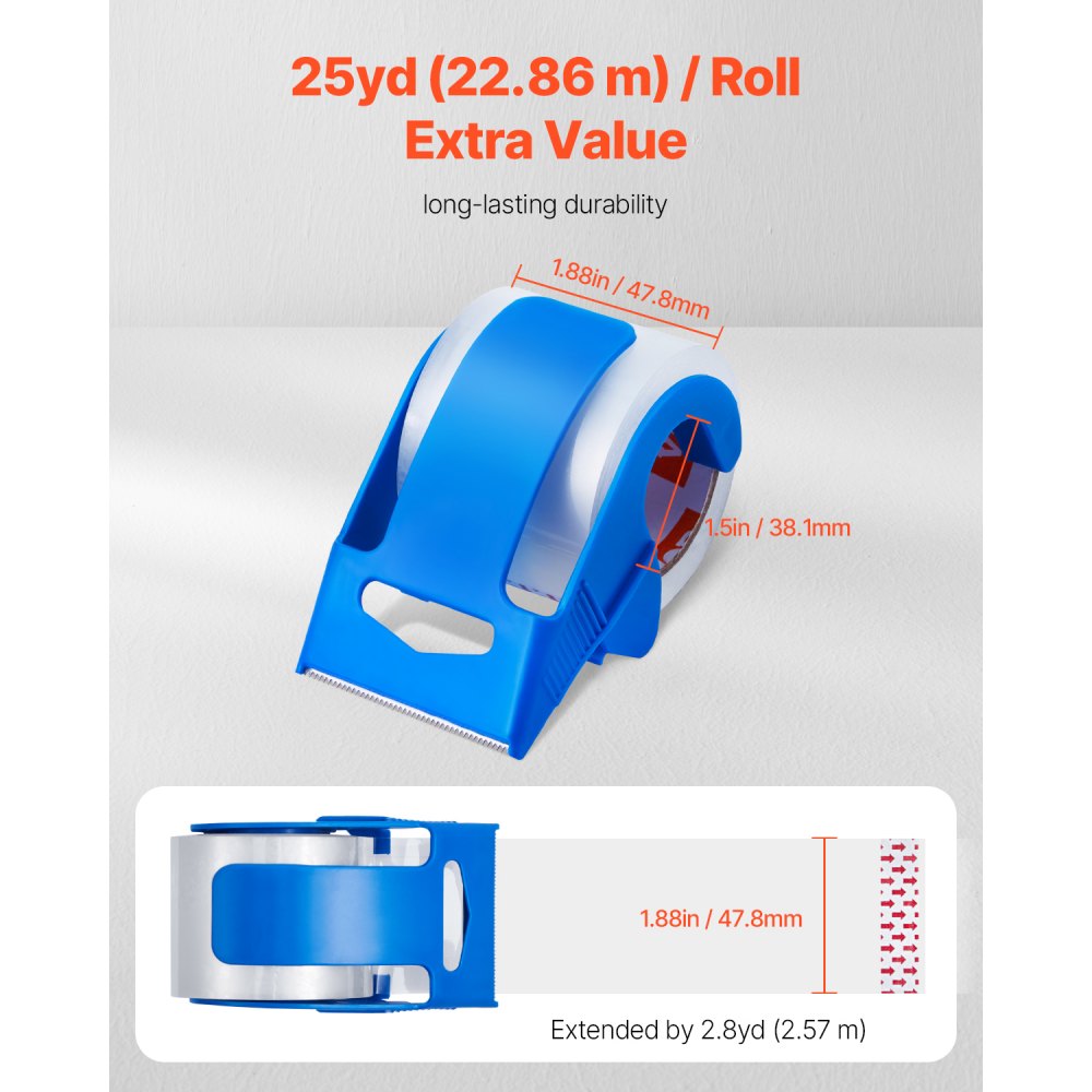 Taśma pakowa przezroczysta VEVOR, rdzeń 38,1 mm, zestaw 6 sztuk, 47,8 mm x 22,86 m, taśma pakowa z dozownikiem, taśma o grubości 0,068 mm, wytrzymała, idealna do przeprowadzek, przechowywania i pakowania, wysyłki i wysyłki pocztowej