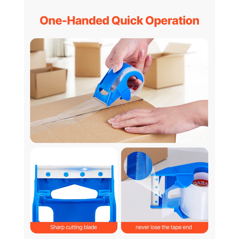 Taśma pakowa przezroczysta VEVOR, rdzeń 38,1 mm, zestaw 6 sztuk, 47,8 mm x 22,86 m, taśma pakowa z dozownikiem, taśma o grubości 0,068 mm, wytrzymała, idealna do przeprowadzek, przechowywania i pakowania, wysyłki i wysyłki pocztowej