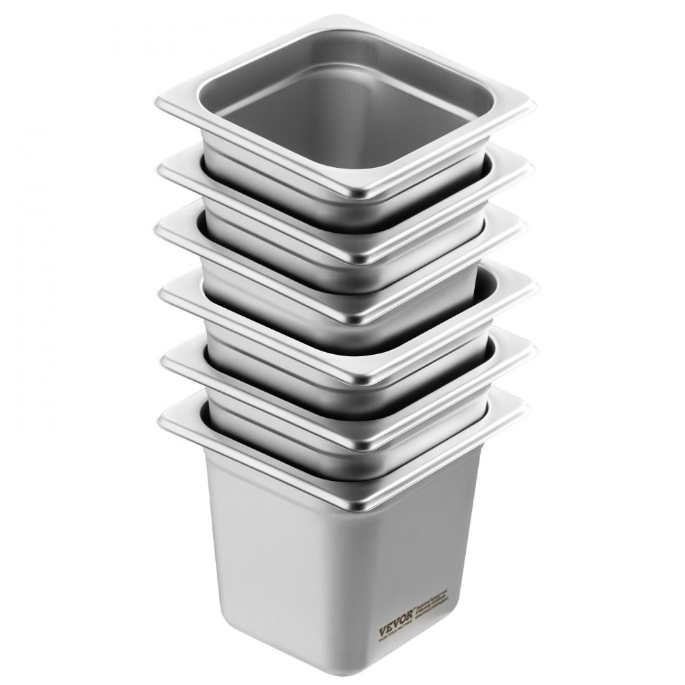 VEVOR Gastronorm Containers, Stainless Steel Containers, 6 pcs. 1/6 Size 178 x 168 x 160 mm Food Containers, Commercial Steam Pan Warming Containers for Food, Cakes, Hotel Pan Table Food Pan Buffet
